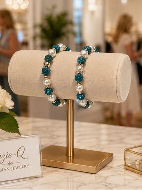 Artisan Handmade Turquoise Gold Pearl Bead Bracelet Set. 2pc